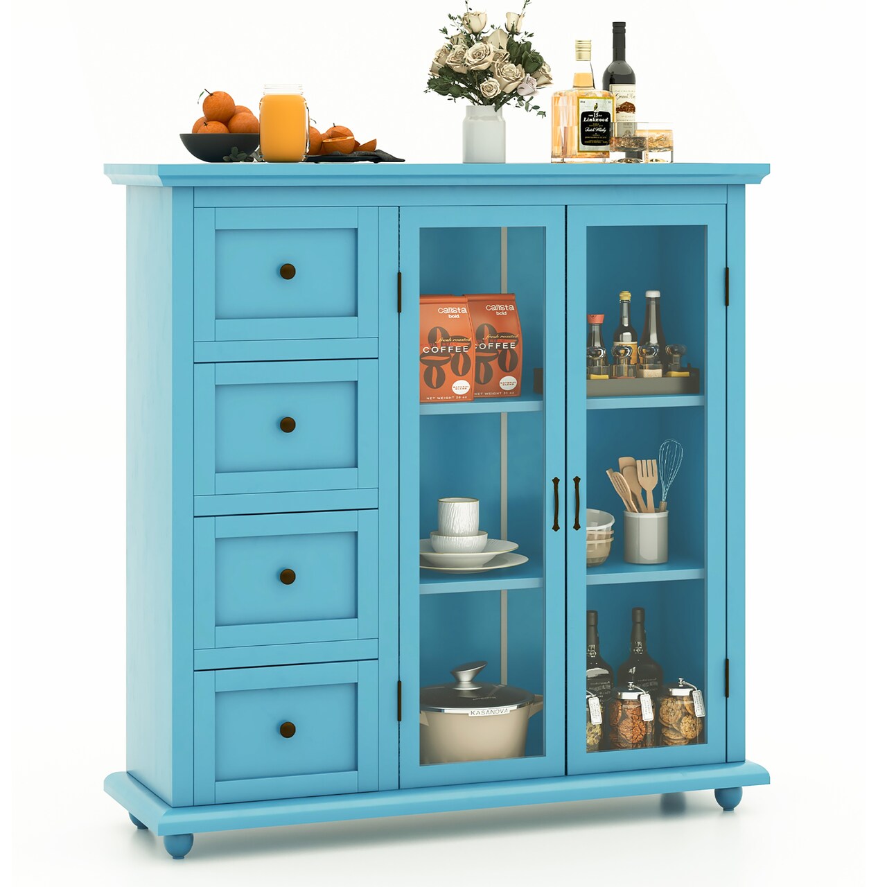 Costway Buffet Sideboard Table Kitchen Storage Cabinet with Drawers & Doors Blue/White/Green